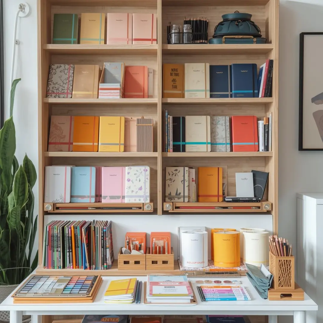 Curated boutique stationery display with colorful notebooks and art supplies